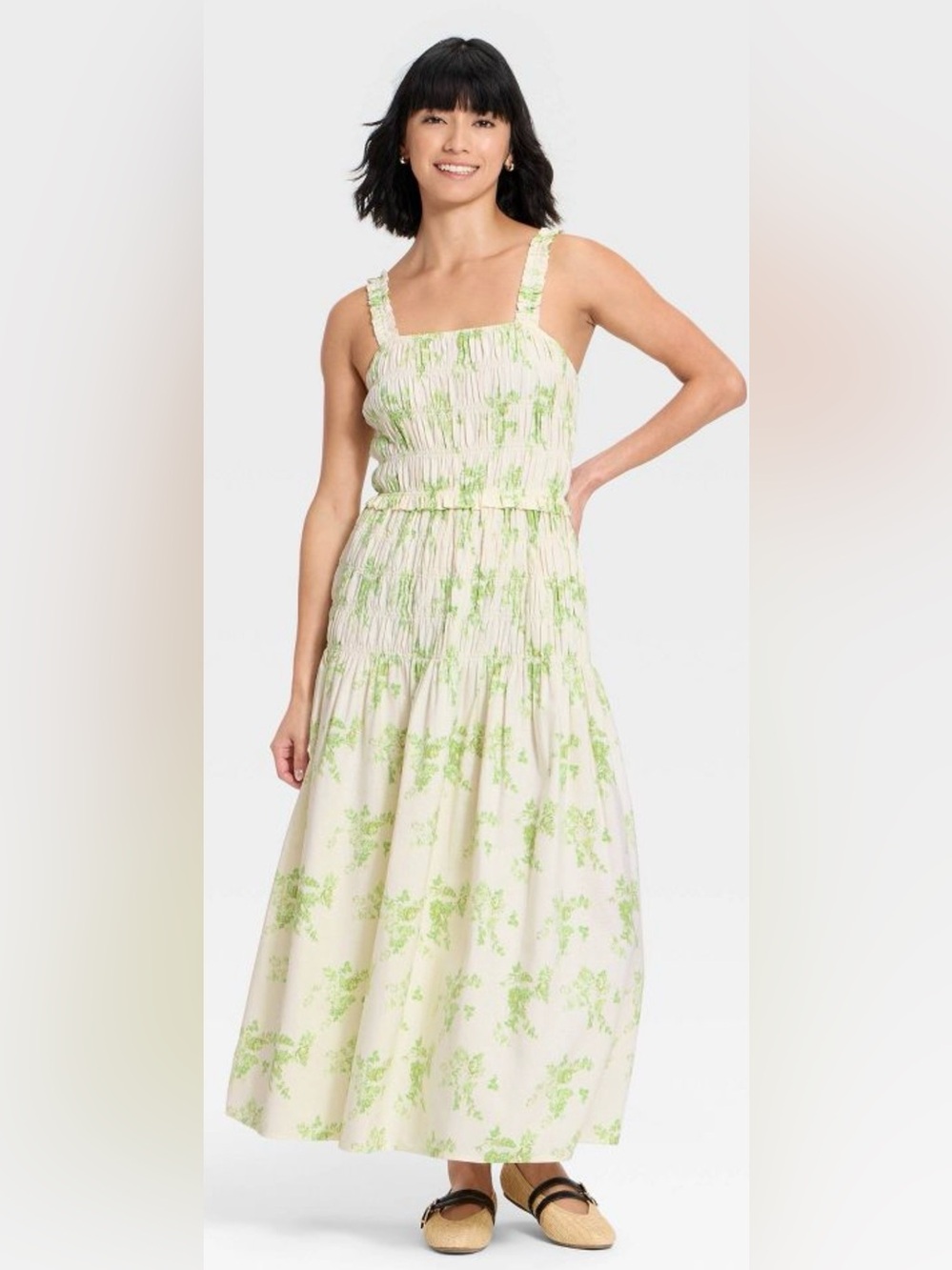 Universal Threads Smocked Midi Dress in Cream with Green Floral Print size XS
